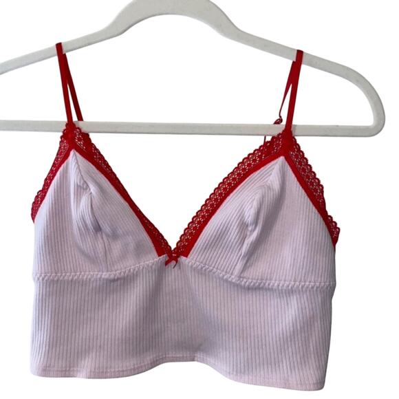 Victoria’s Secret Cropped Cami Bralette Lace Trim Plunge V-Neck Pink Red Medium - Picture 2 of 5